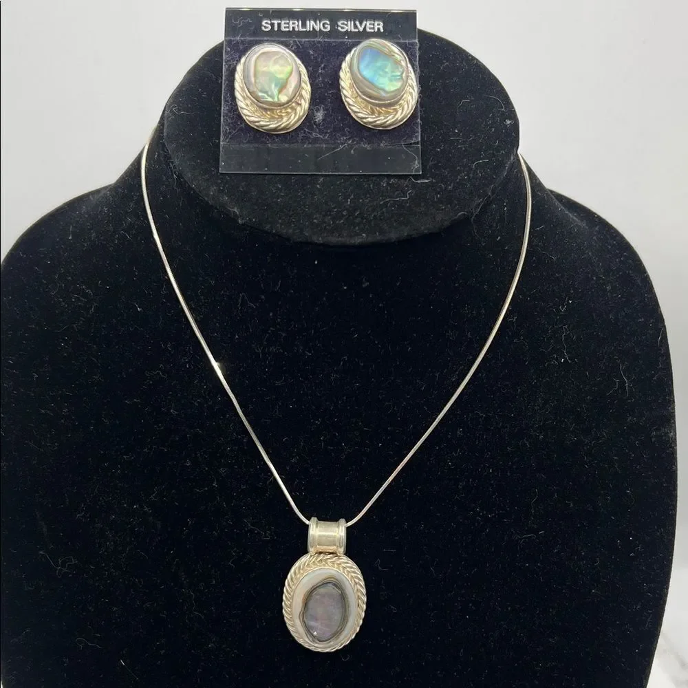 Sterling Silver Necklace and Earring Set with Abalone